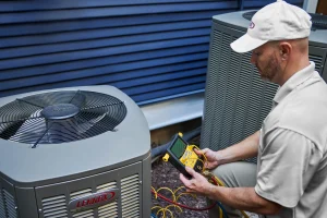 Technician outside repairing Heat Pump